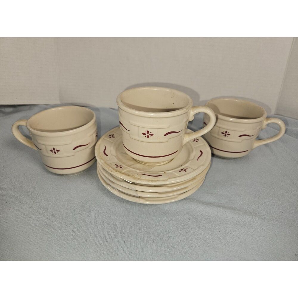 Longaberger Woven Traditions Classic Red Flat Cups Saucers Set of 3 Pottery USA